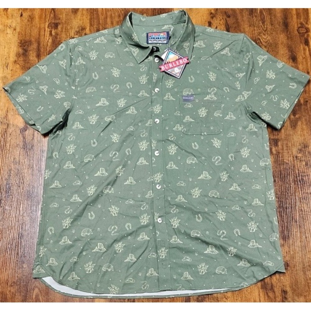 Burlebo Men's XLarge Olive Green State Texas Performance Button-Up Shirt NWT